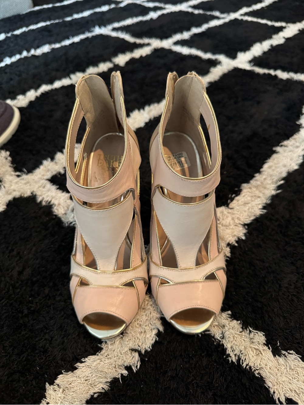 Women's Blush and Cream Strappy Peep-Toe Heels with Gold Trim
